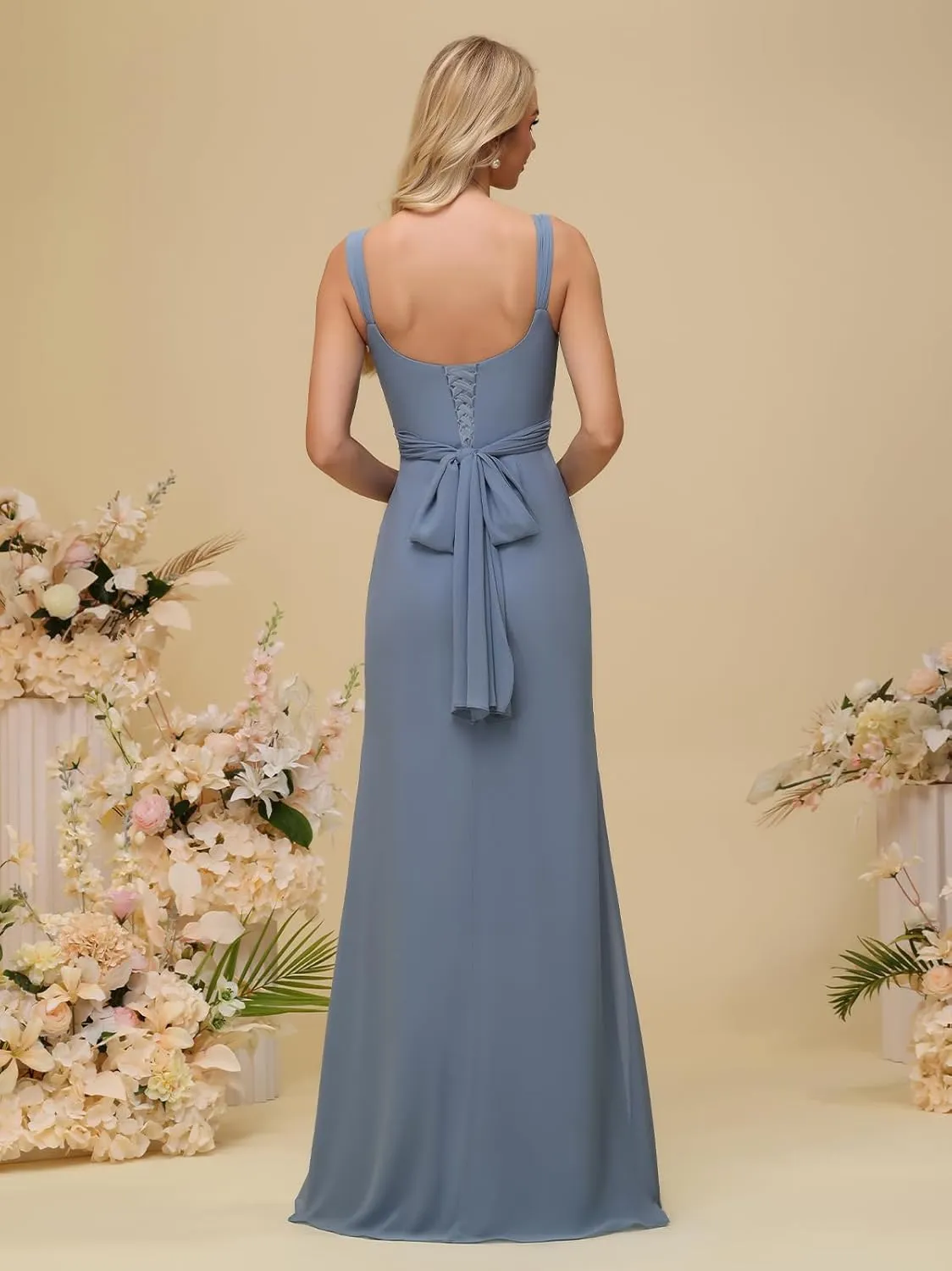 Chiffon Bridesmaid Dresses for Women 2025 Pleated Straps Formal Gown Mermaid V Neck Evening Dress with Slit
