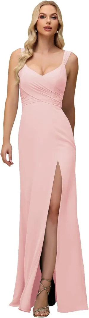 Chiffon Bridesmaid Dresses for Women 2025 Pleated Straps Formal Gown Mermaid V Neck Evening Dress with Slit