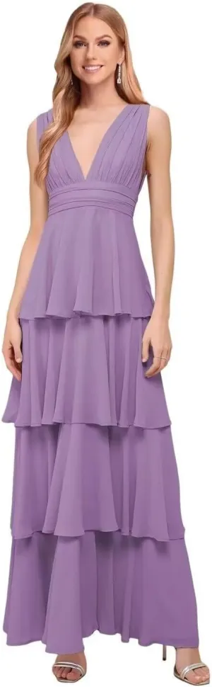 Chiffon Bridesmaid Dresses V Neck Ruched Prom Dress Long Sleeveless Wedding Ruffle Tiered Formal Dresses for Women