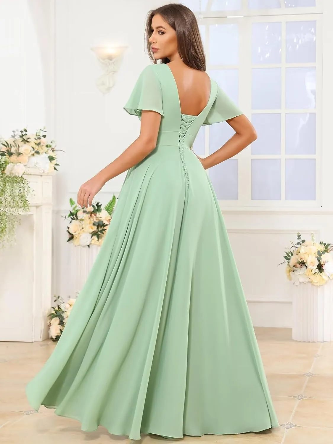 Chiffon Bridesmaid Dresses with Sleeves Slit for Women Ruffle Ruched V Neck Long Formal Evening Prom Gowns