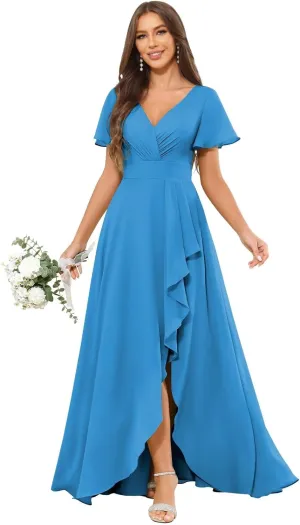 Chiffon Bridesmaid Dresses with Sleeves Slit for Women Ruffle Ruched V Neck Long Formal Evening Prom Gowns