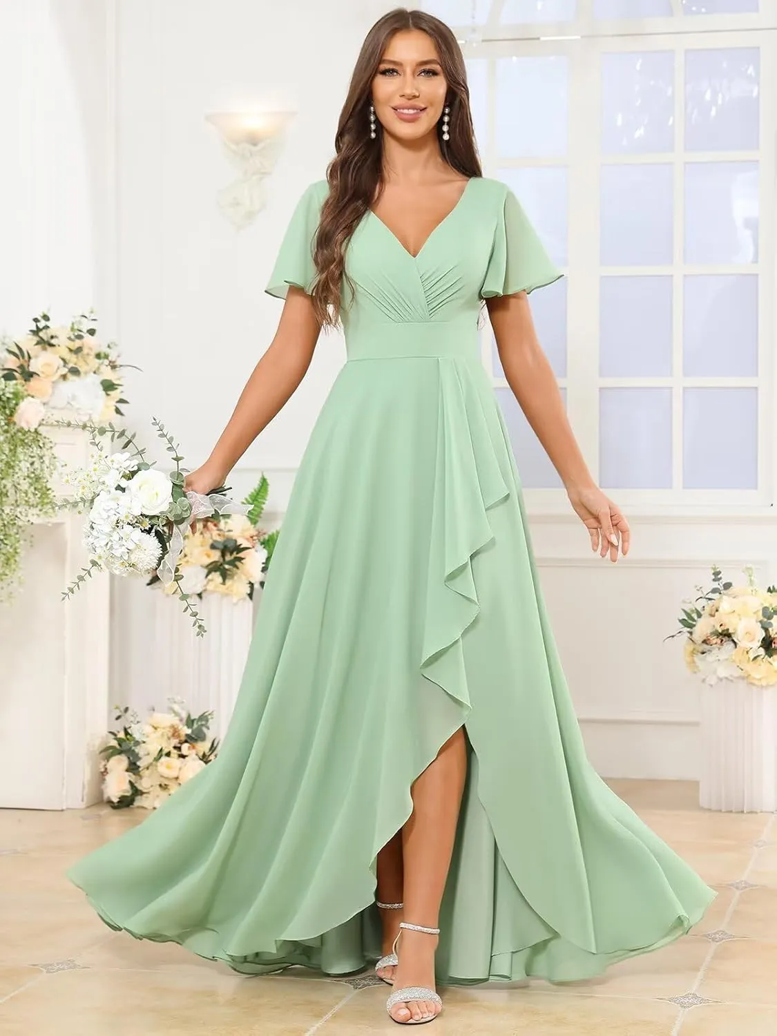 Chiffon Bridesmaid Dresses with Sleeves Slit for Women Ruffle Ruched V Neck Long Formal Evening Prom Gowns
