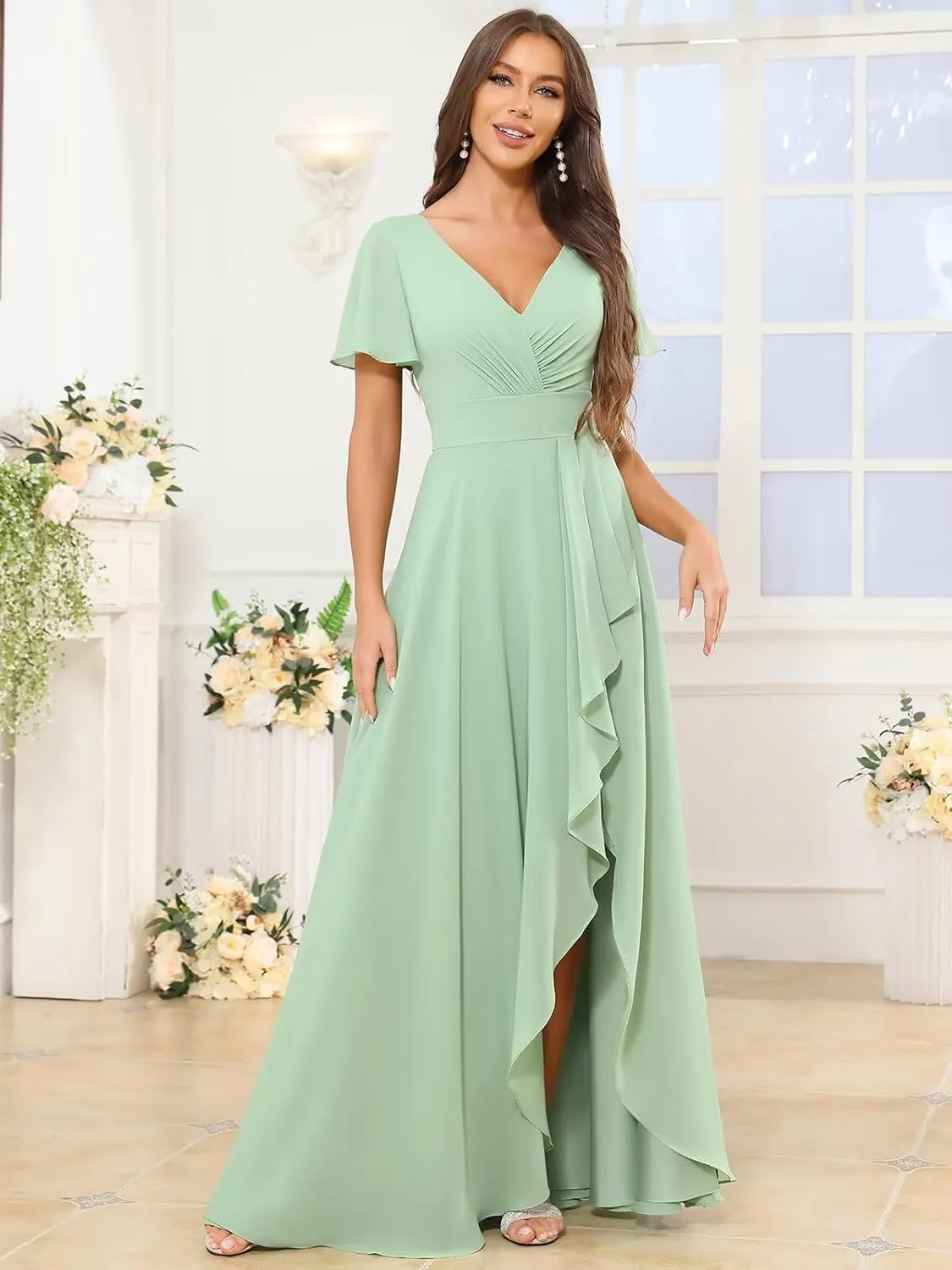 Chiffon Bridesmaid Dresses with Sleeves Slit for Women Ruffle Ruched V Neck Long Formal Evening Prom Gowns