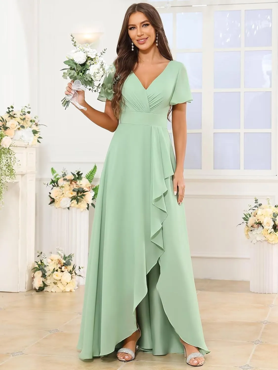 Chiffon Bridesmaid Dresses with Sleeves Slit for Women Ruffle Ruched V Neck Long Formal Evening Prom Gowns