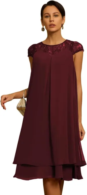 Chiffon Mother of Bride Dresses Short Sleeve 2025 Scoop Cap Sleeves Laces Formal Evening Dress with Sequins Burgundy