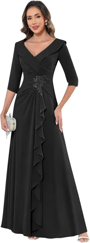 Chiffon Mother of The Bride Dresses for Women Petite with Sleeves V Neck Lace Applique Formal Evening Dress