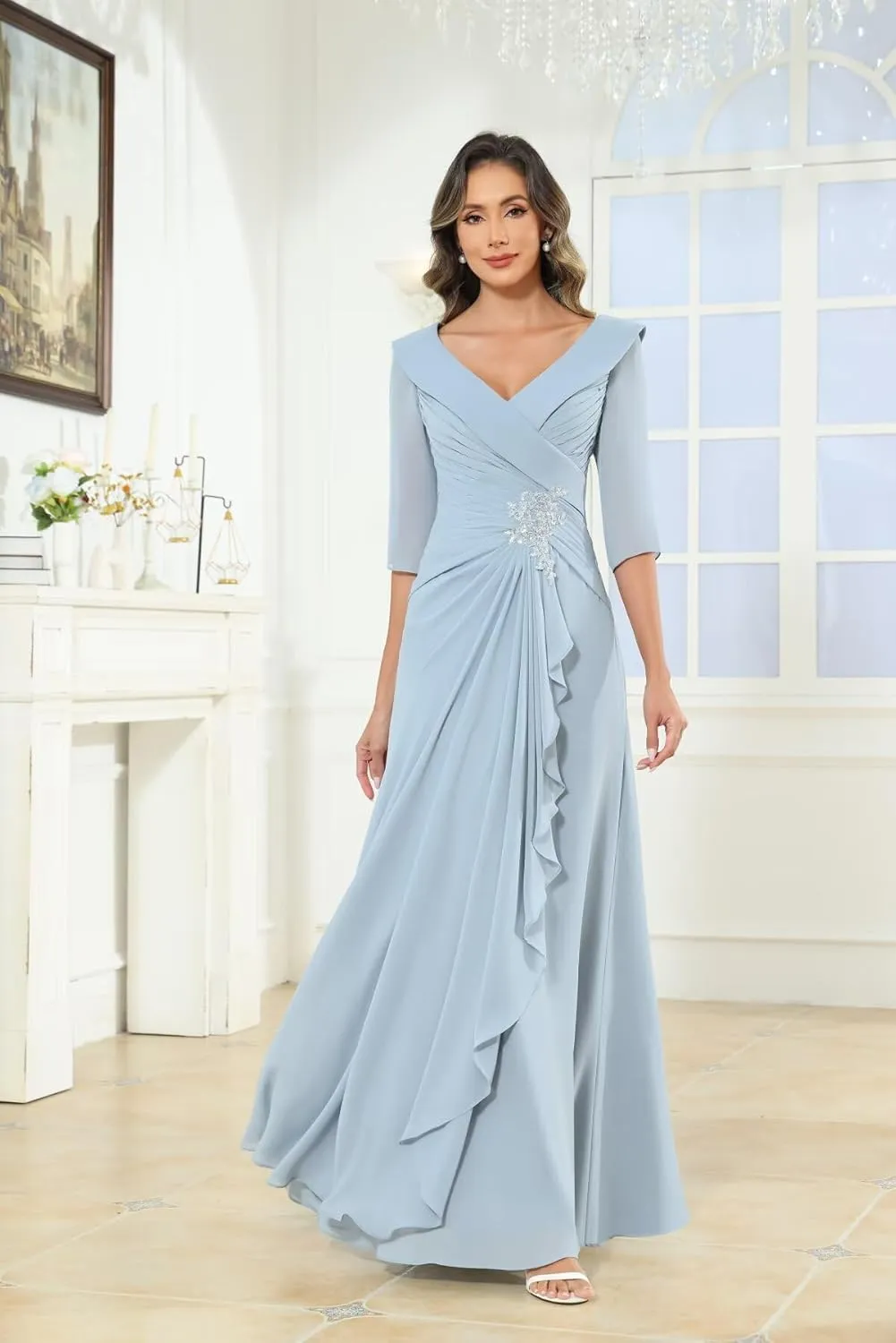 Chiffon Mother of The Bride Dresses for Women Petite with Sleeves V Neck Lace Applique Formal Evening Dress