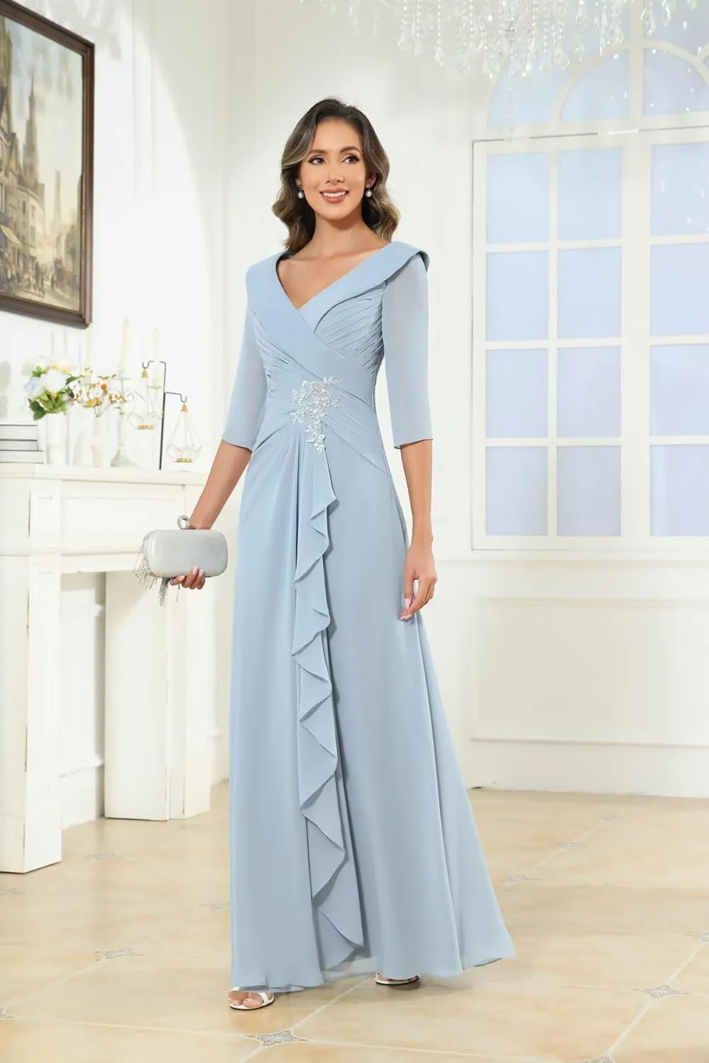 Chiffon Mother of The Bride Dresses for Women Petite with Sleeves V Neck Lace Applique Formal Evening Dress