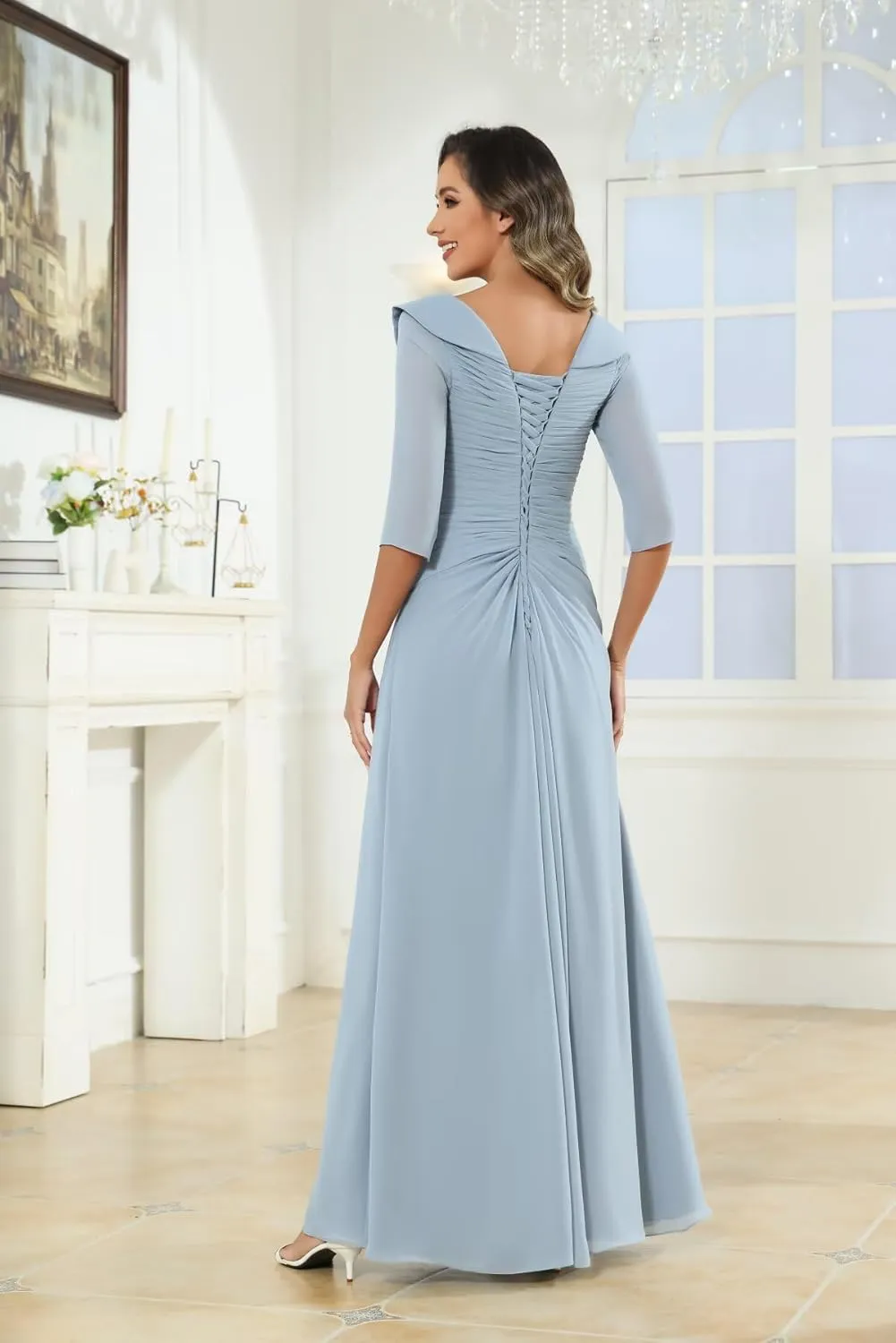 Chiffon Mother of The Bride Dresses for Women Petite with Sleeves V Neck Lace Applique Formal Evening Dress