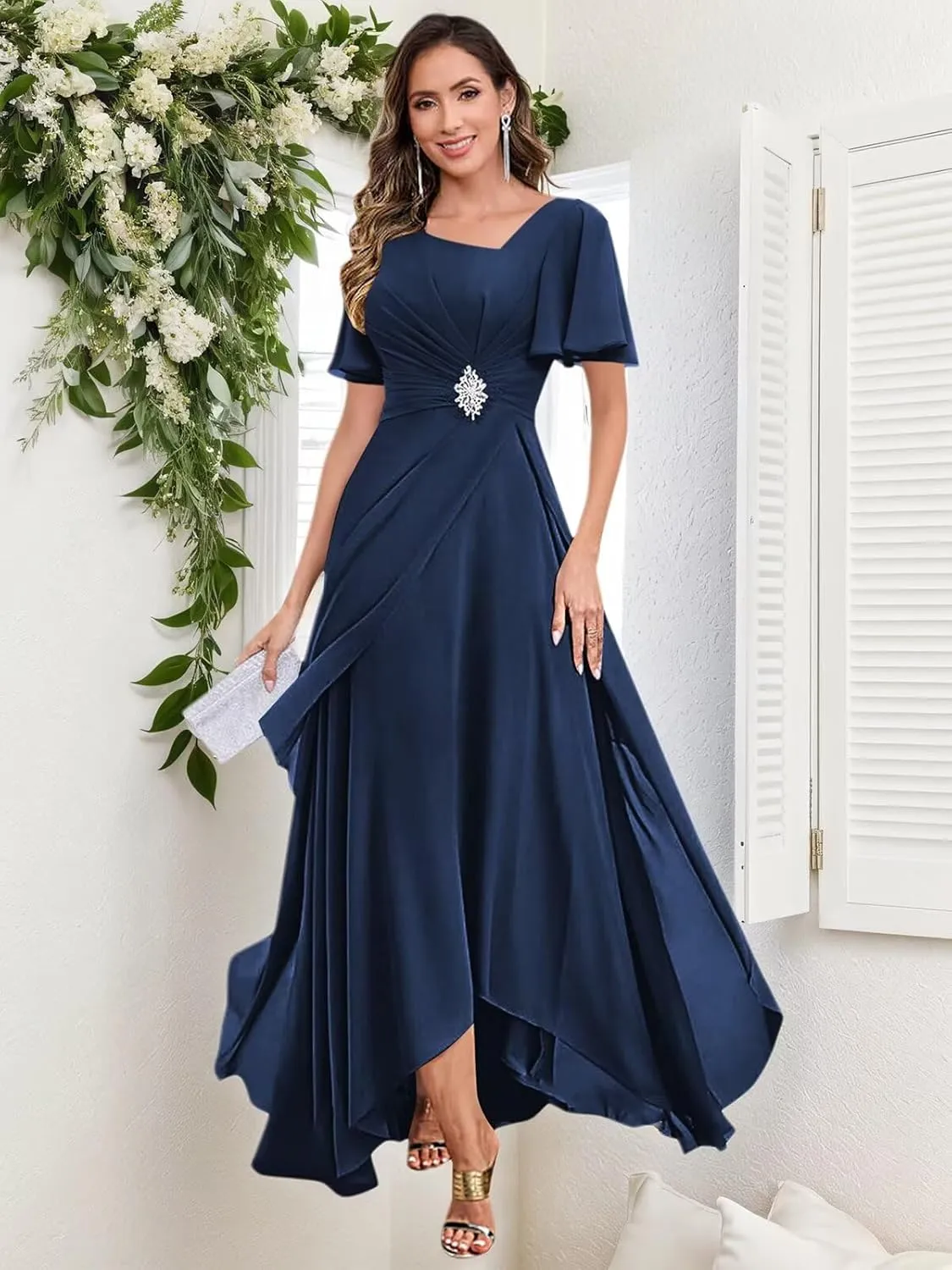 Chiffon Mother of The Bride Dresses for Women V Neck Beaded A Line Long Formal Wedding Guest Dress
