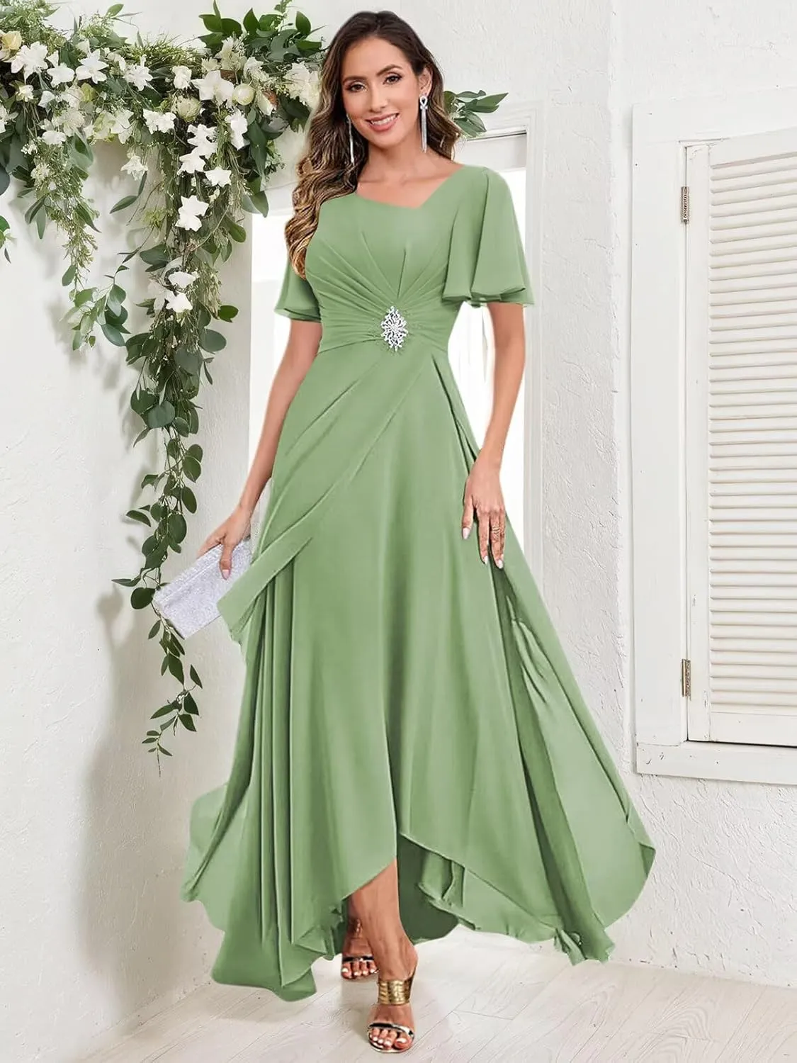 Chiffon Mother of The Bride Dresses for Women V Neck Beaded A Line Long Formal Wedding Guest Dress