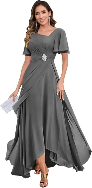 Chiffon Mother of The Bride Dresses for Women V Neck Beaded A Line Long Formal Wedding Guest Dress