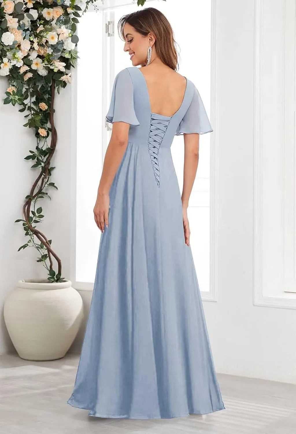 Chiffon Mother of The Bride Dresses for Women V Neck Beaded A Line Long Formal Wedding Guest Dress