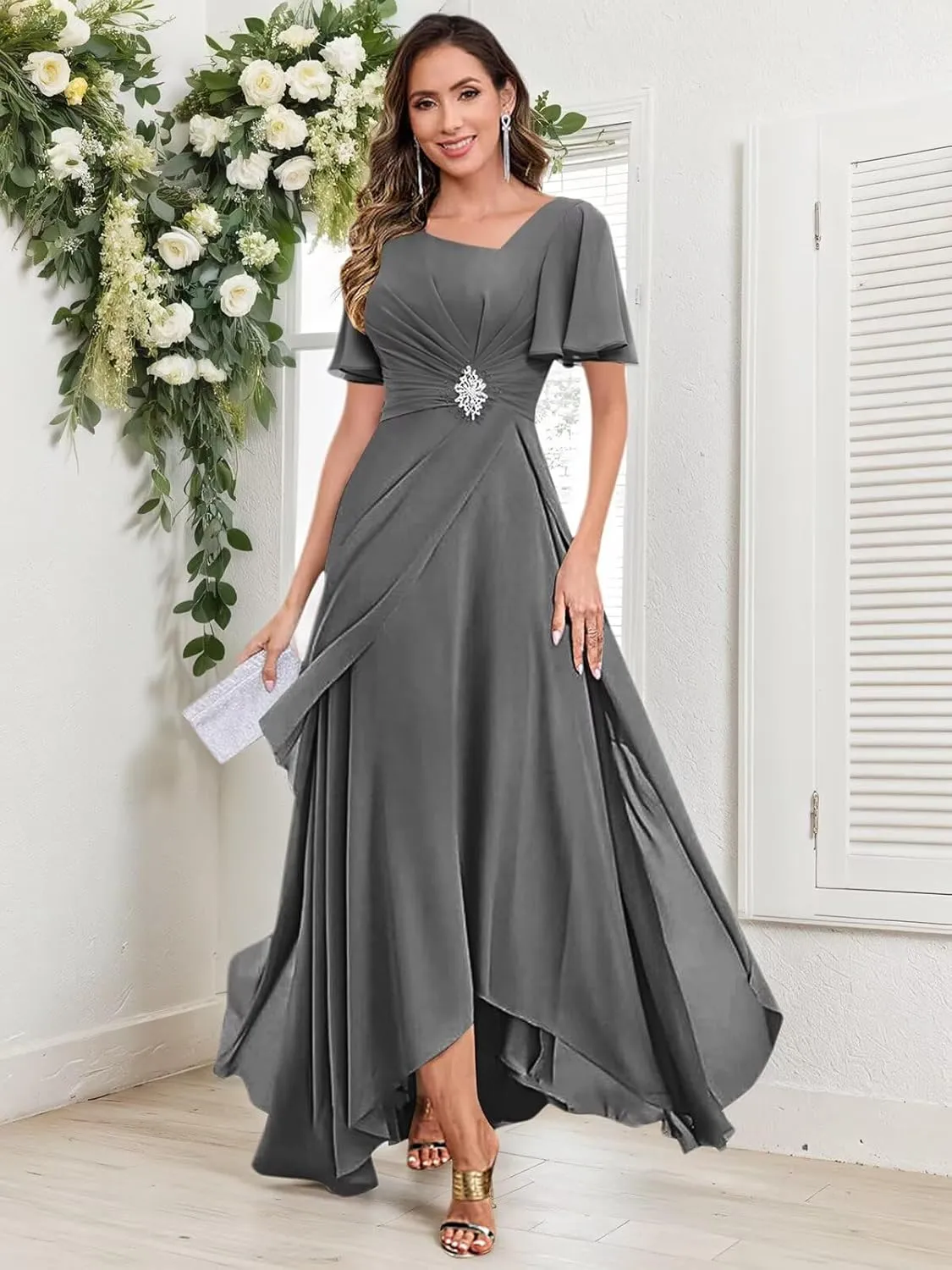 Chiffon Mother of The Bride Dresses for Women V Neck Beaded A Line Long Formal Wedding Guest Dress