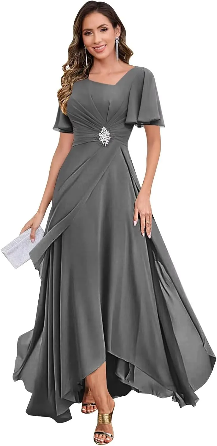 Chiffon Mother of The Bride Dresses for Women V Neck Beaded A Line Long Formal Wedding Guest Dress