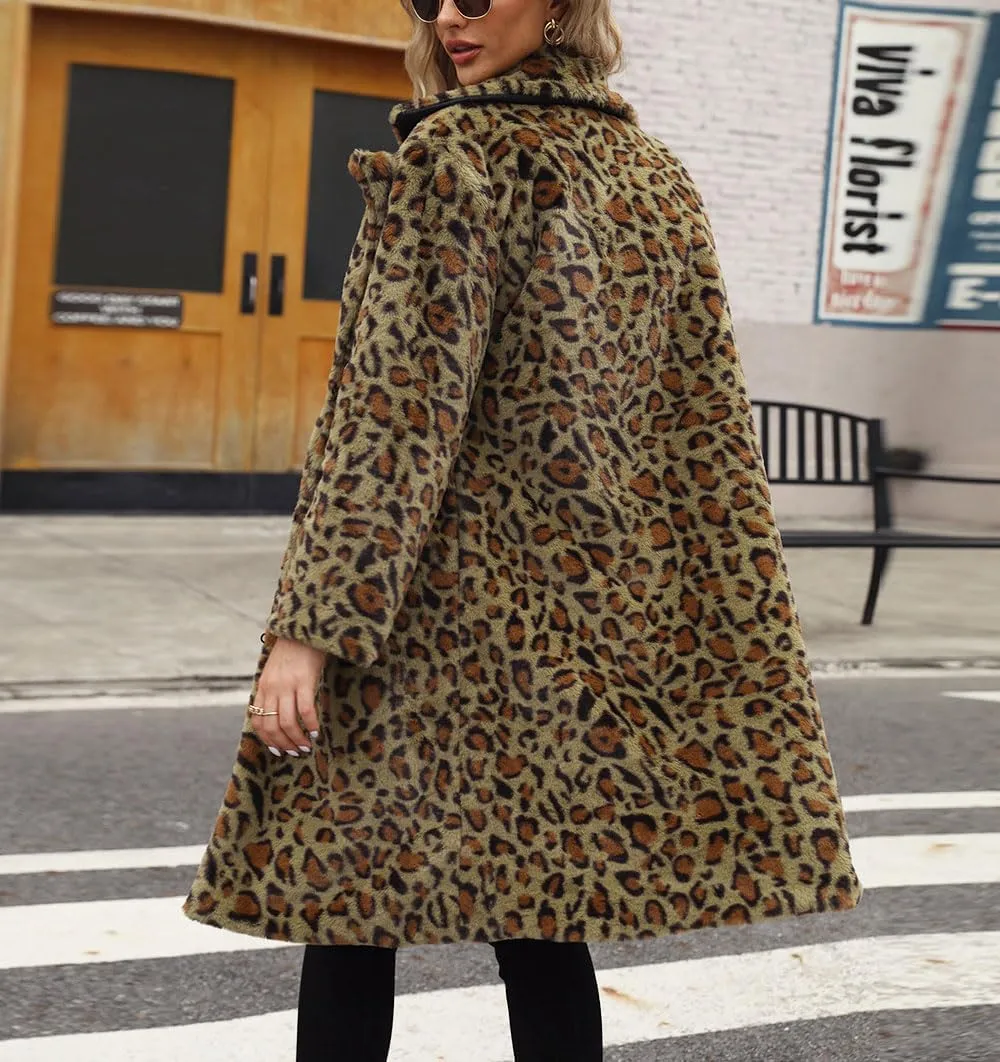 chouyatou Women's Open Front Leopard Print Faux Fur Long Trench Coat Lapel Collar Furry Jacket Coat