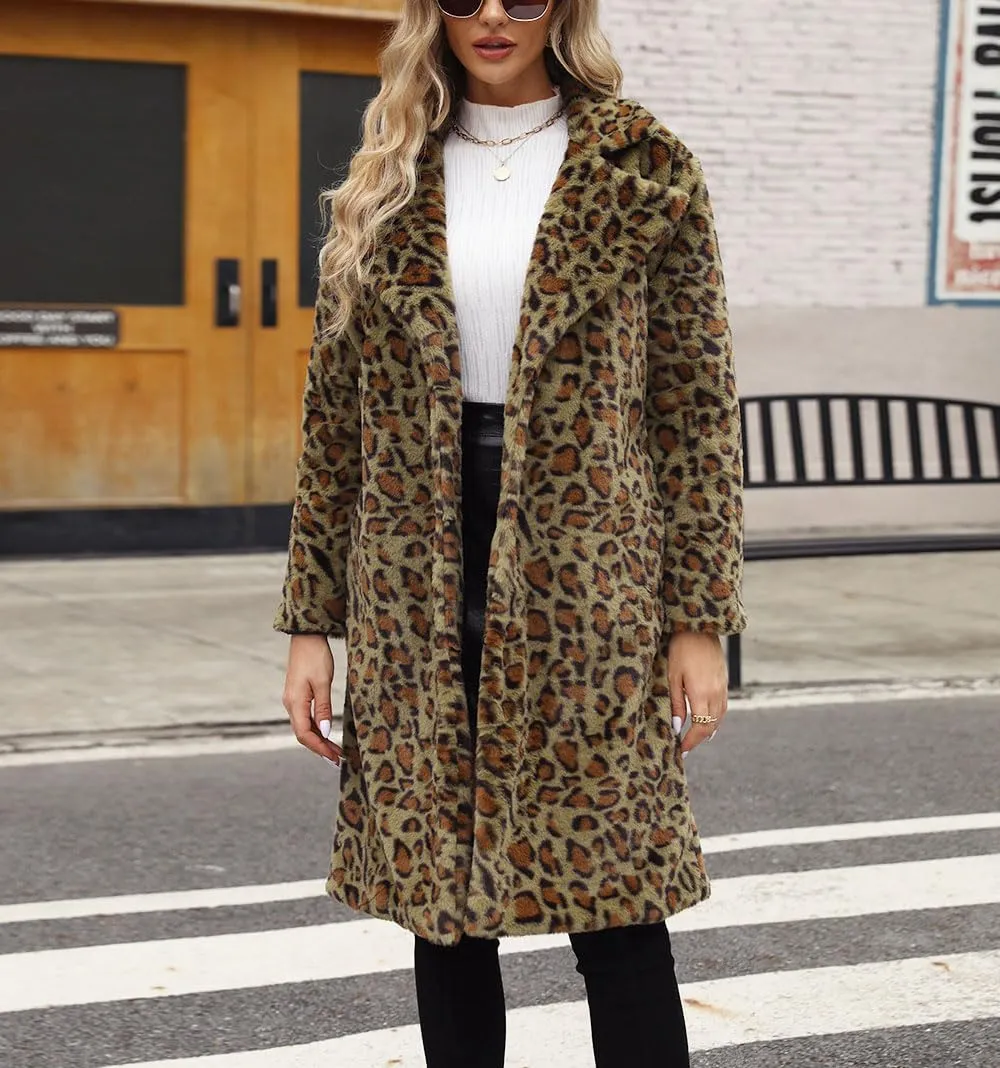 chouyatou Women's Open Front Leopard Print Faux Fur Long Trench Coat Lapel Collar Furry Jacket Coat