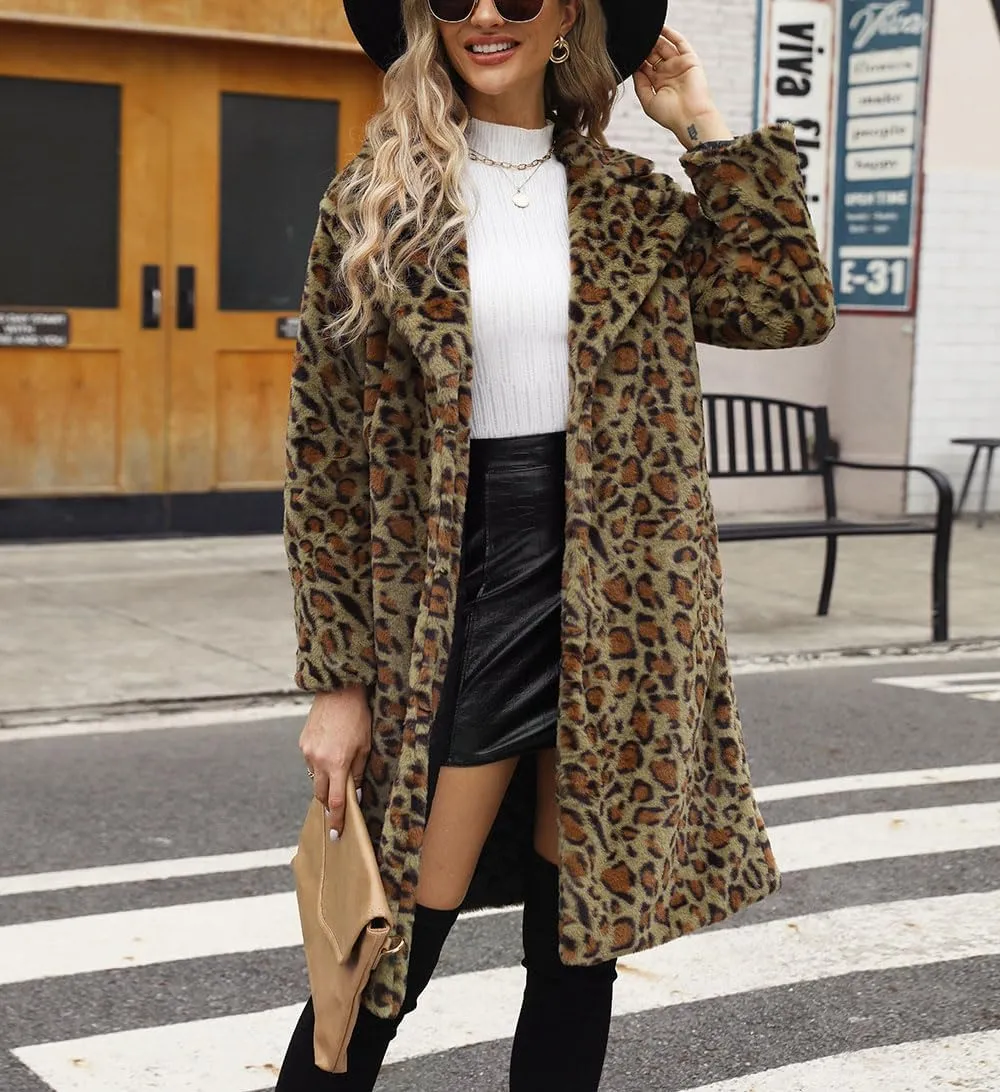 chouyatou Women's Open Front Leopard Print Faux Fur Long Trench Coat Lapel Collar Furry Jacket Coat