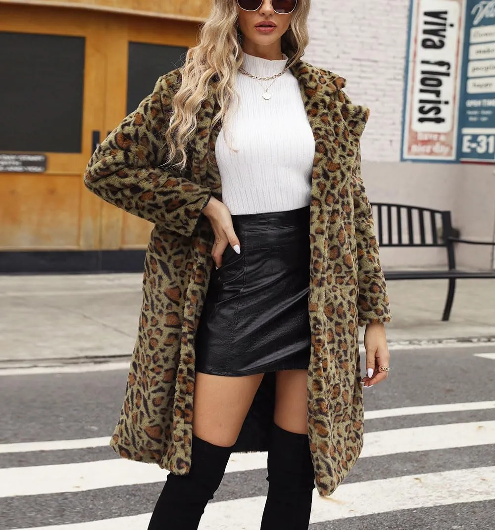 chouyatou Women's Open Front Leopard Print Faux Fur Long Trench Coat Lapel Collar Furry Jacket Coat