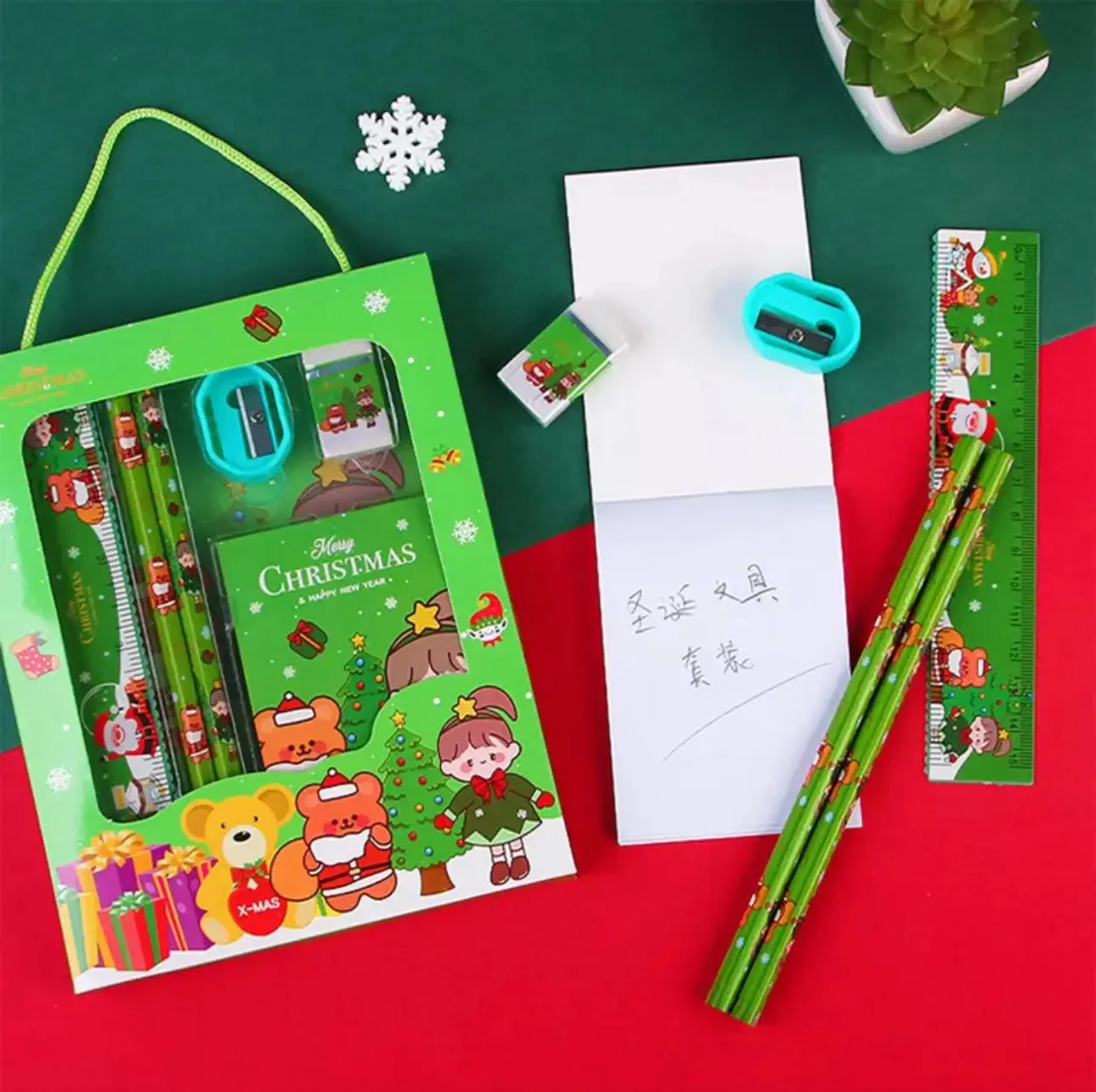 Christmas Red Children’s Stationery 6pcs set Pencil sharpener Eraser Ruler set gift for kids