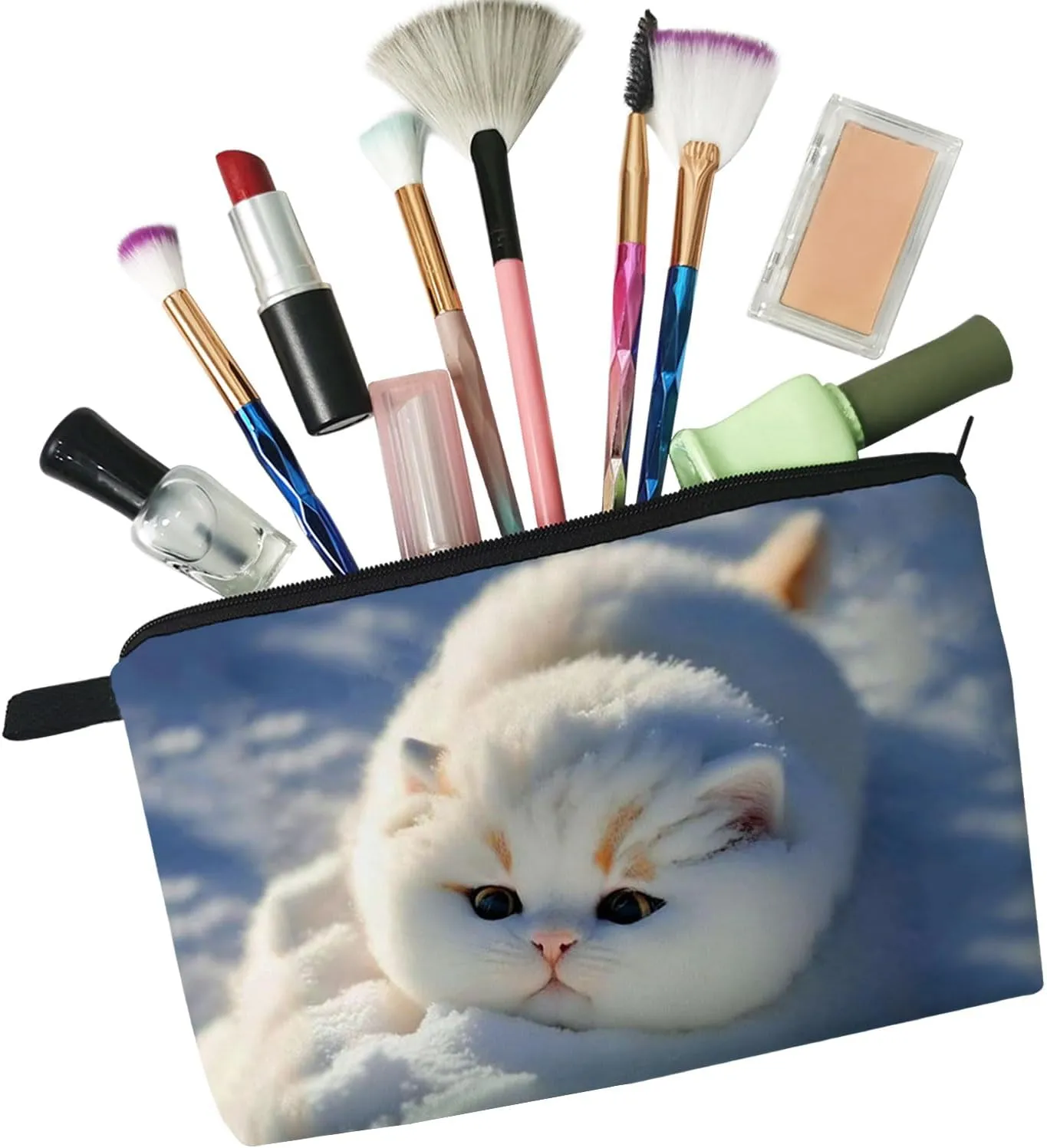 Chubby Cat Makeup Bag Kitten Organizer Zipper Pouch Cat In The Snow Cosmetic Bag Adorable Kitty Present for Cat Lovers Cat Mom Women Friends
