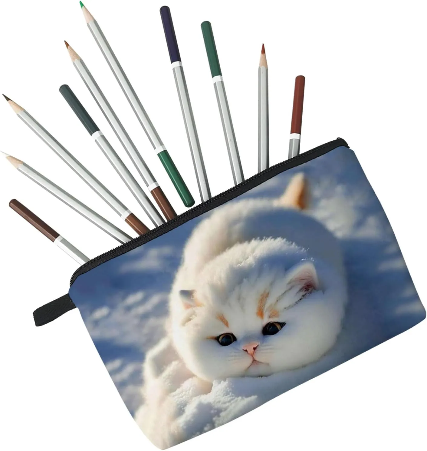 Chubby Cat Makeup Bag Kitten Organizer Zipper Pouch Cat In The Snow Cosmetic Bag Adorable Kitty Present for Cat Lovers Cat Mom Women Friends