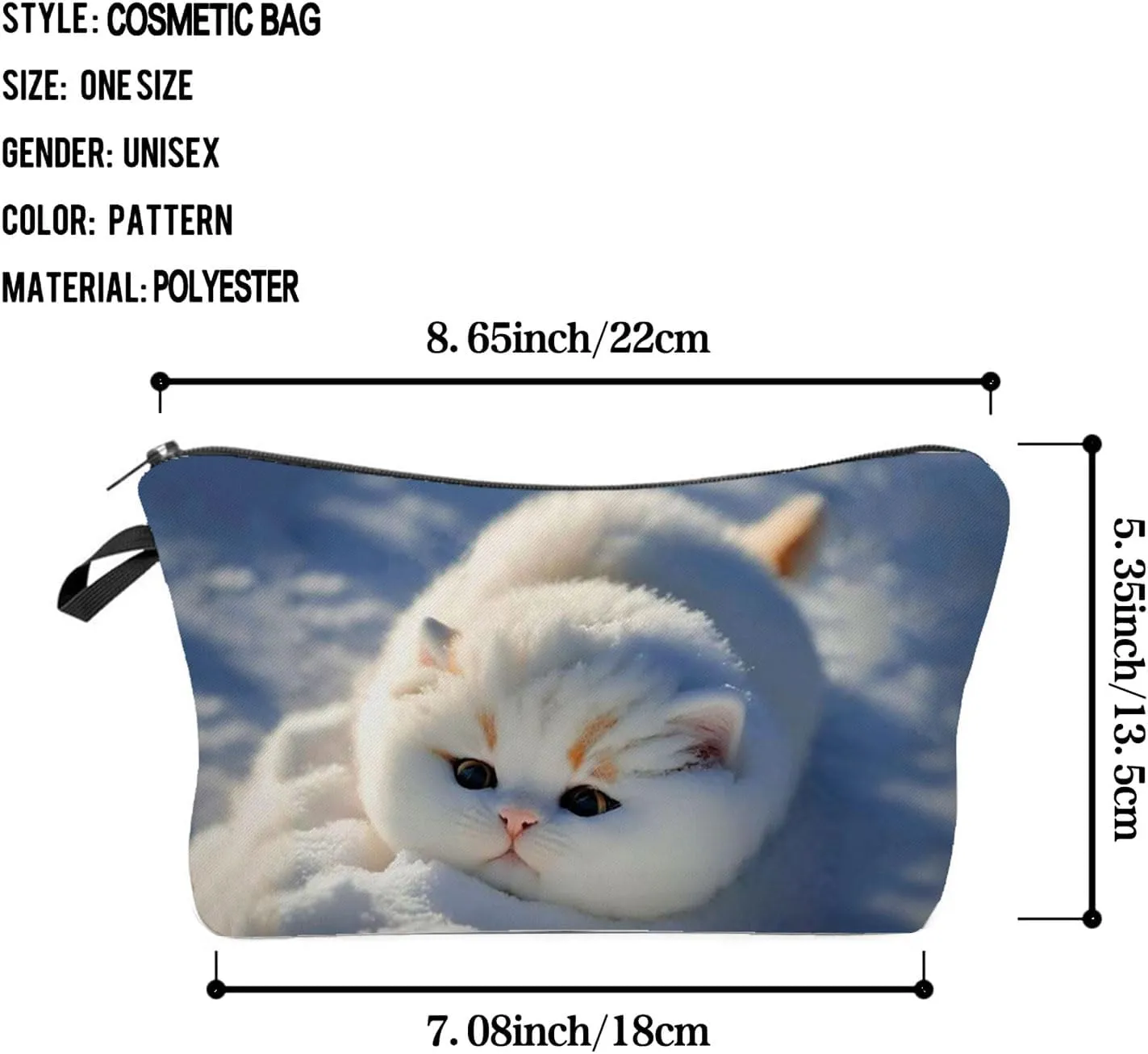 Chubby Cat Makeup Bag Kitten Organizer Zipper Pouch Cat In The Snow Cosmetic Bag Adorable Kitty Present for Cat Lovers Cat Mom Women Friends