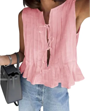 Cicy Bell Womens Bow Front Tie Tank Tops Pleated Babydoll Top Sleeveless Cute Coquette Shirt Summer Outfits