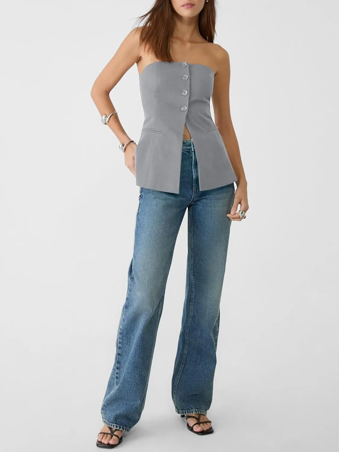 Cicy Bell Womens Strapless Blazer Vest Summer Sleeveless Fitted Tube Tops Trendy Button Down Work Suit Tops