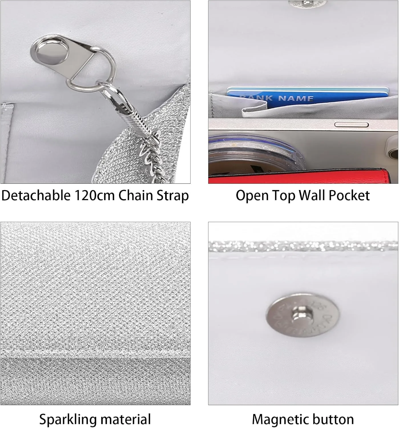 Clutch Purses for Women, Evening Bag with Detachable Chain Ladies Sparkling Party Handbag Wedding Bags