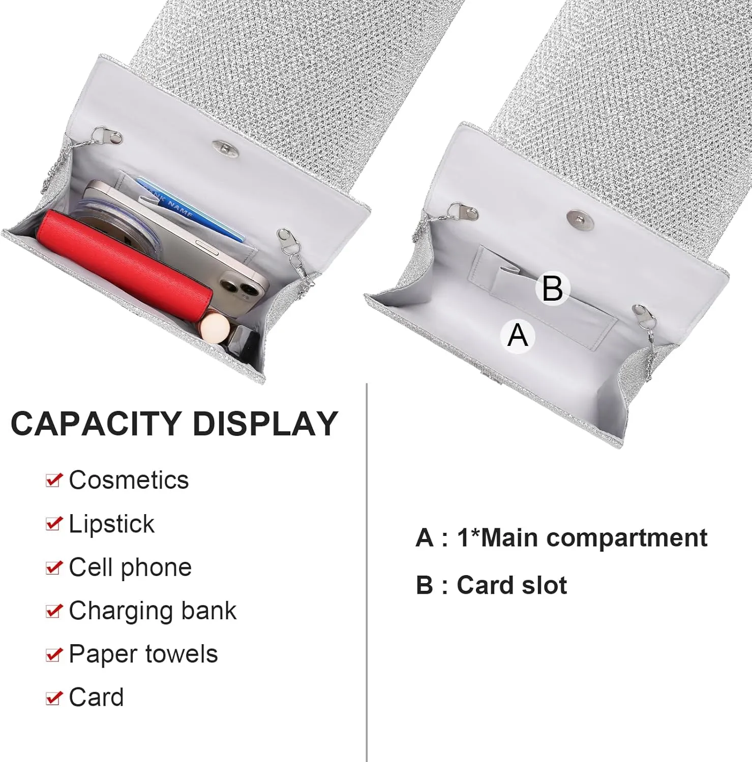 Clutch Purses for Women, Evening Bag with Detachable Chain Ladies Sparkling Party Handbag Wedding Bags