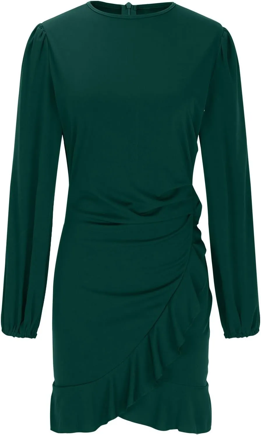 Cocktail Party Work Dress for Women Puff Long Sleeve Bodycon Dresses Ruffle Hem Crew Neck Solid Slim Mini Pencil Dress