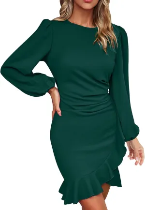 Cocktail Party Work Dress for Women Puff Long Sleeve Bodycon Dresses Ruffle Hem Crew Neck Solid Slim Mini Pencil Dress