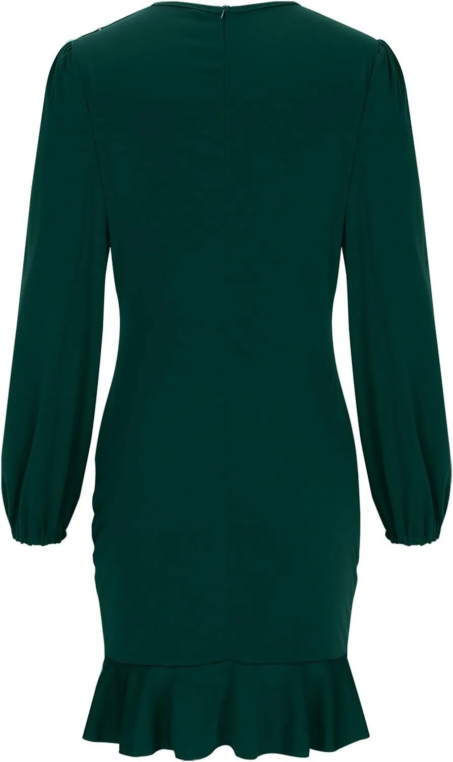 Cocktail Party Work Dress for Women Puff Long Sleeve Bodycon Dresses Ruffle Hem Crew Neck Solid Slim Mini Pencil Dress