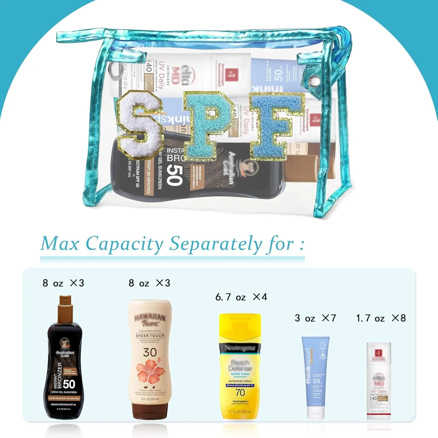 COSHAYSOO Clear Makeup Bag Preppy Sunscreen Pouch Small Beach Pool Summer Stuff Travel Must Have Cosmetic Toiletry Purse Organizer for Women Teenage Girl with Personalized Letter Patch Blue SPF