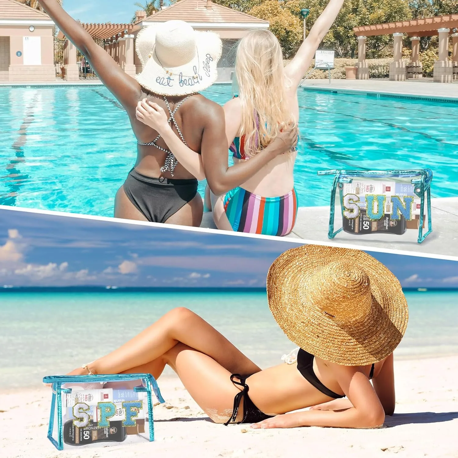 COSHAYSOO Clear Makeup Bag Preppy Sunscreen Pouch Small Beach Pool Summer Stuff Travel Must Have Cosmetic Toiletry Purse Organizer for Women Teenage Girl with Personalized Letter Patch Blue SPF