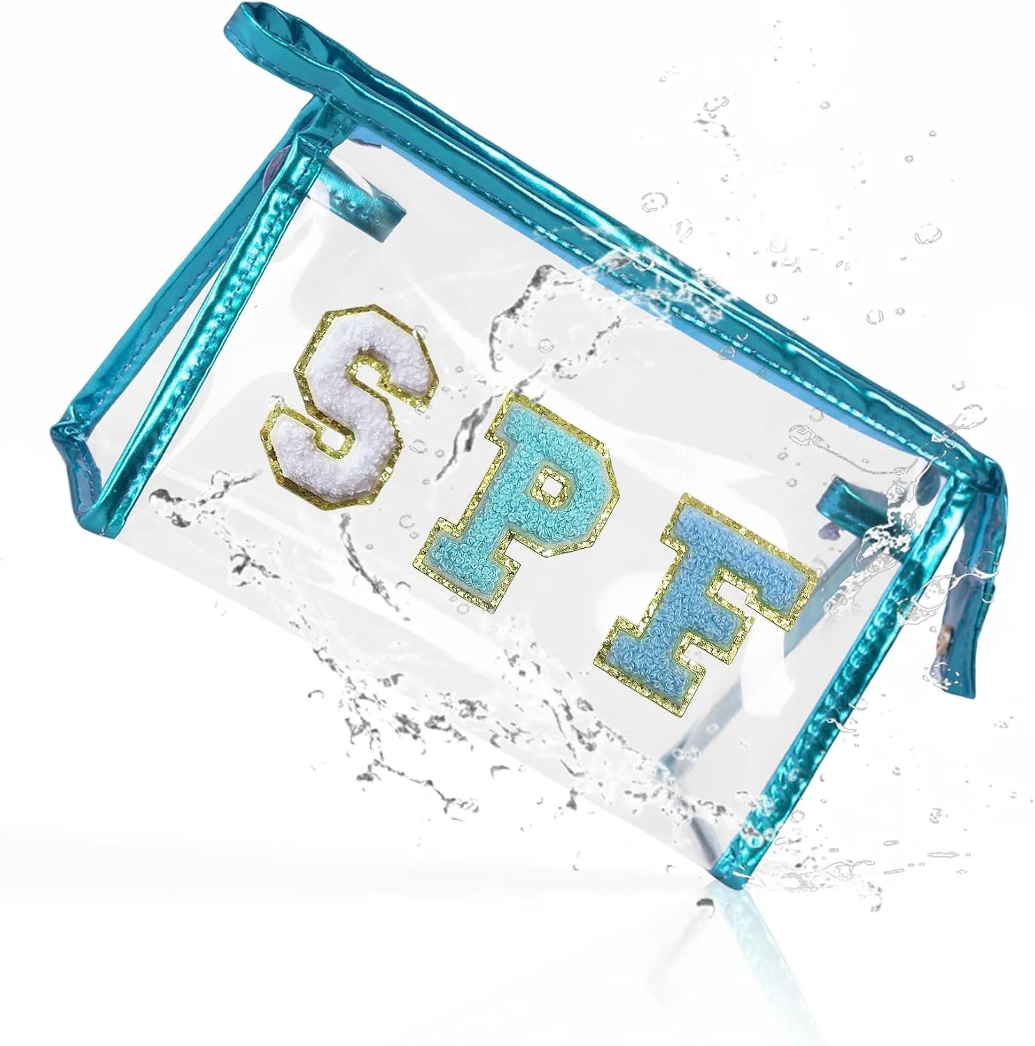 COSHAYSOO Clear Makeup Bag Preppy Sunscreen Pouch Small Beach Pool Summer Stuff Travel Must Have Cosmetic Toiletry Purse Organizer for Women Teenage Girl with Personalized Letter Patch Blue SPF