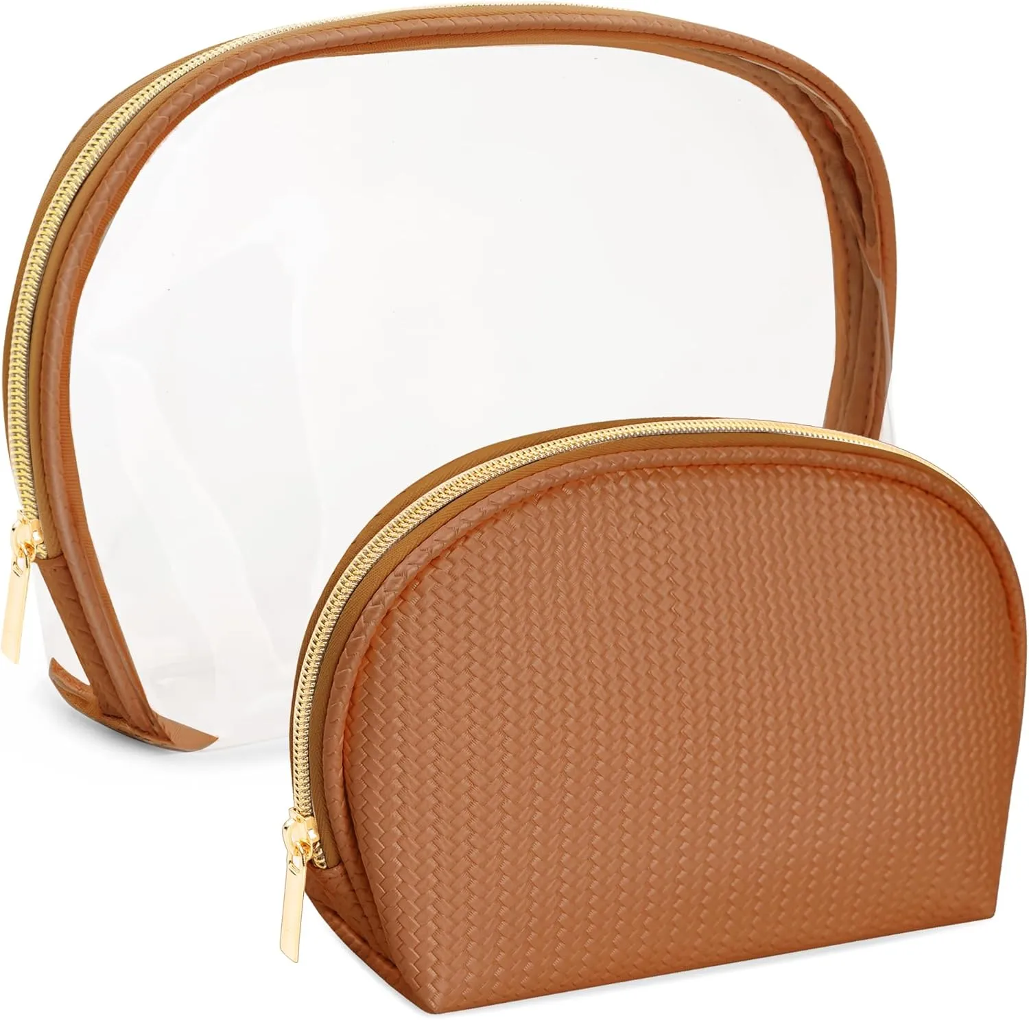 Cosmetic Bag for Women, Travel Makeup Bags 2 Pack, Waterproof Protable Toiletry Pouch Purse with Zipper, Clear Make up Organizer Case for Skincare Toiletries Accessories(Brown)