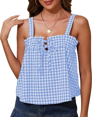Cotton Gingham Tie Front Tank Tops for Women Girls Cute Plaid Tank Tops Casual Summer Going Out Top