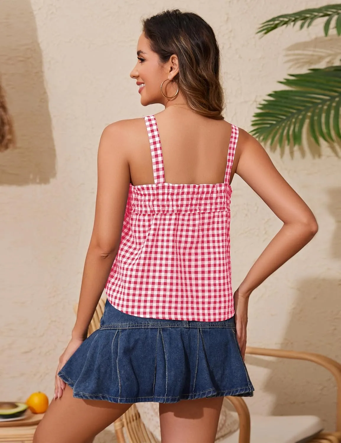 Cotton Gingham Tie Front Tank Tops for Women Girls Cute Plaid Tank Tops Casual Summer Going Out Top