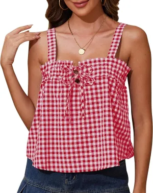 Cotton Gingham Tie Front Tank Tops for Women Girls Cute Plaid Tank Tops Casual Summer Going Out Top