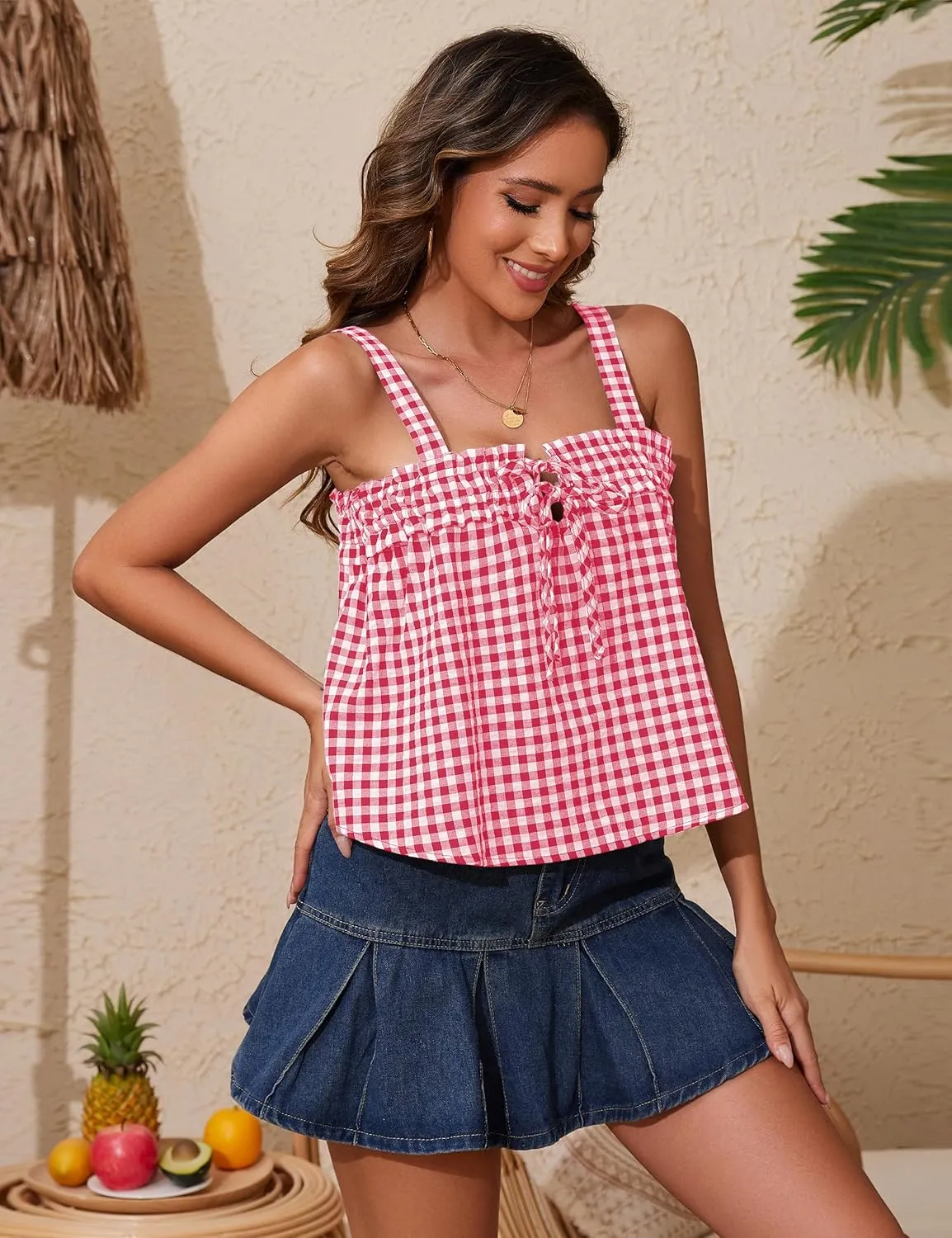 Cotton Gingham Tie Front Tank Tops for Women Girls Cute Plaid Tank Tops Casual Summer Going Out Top