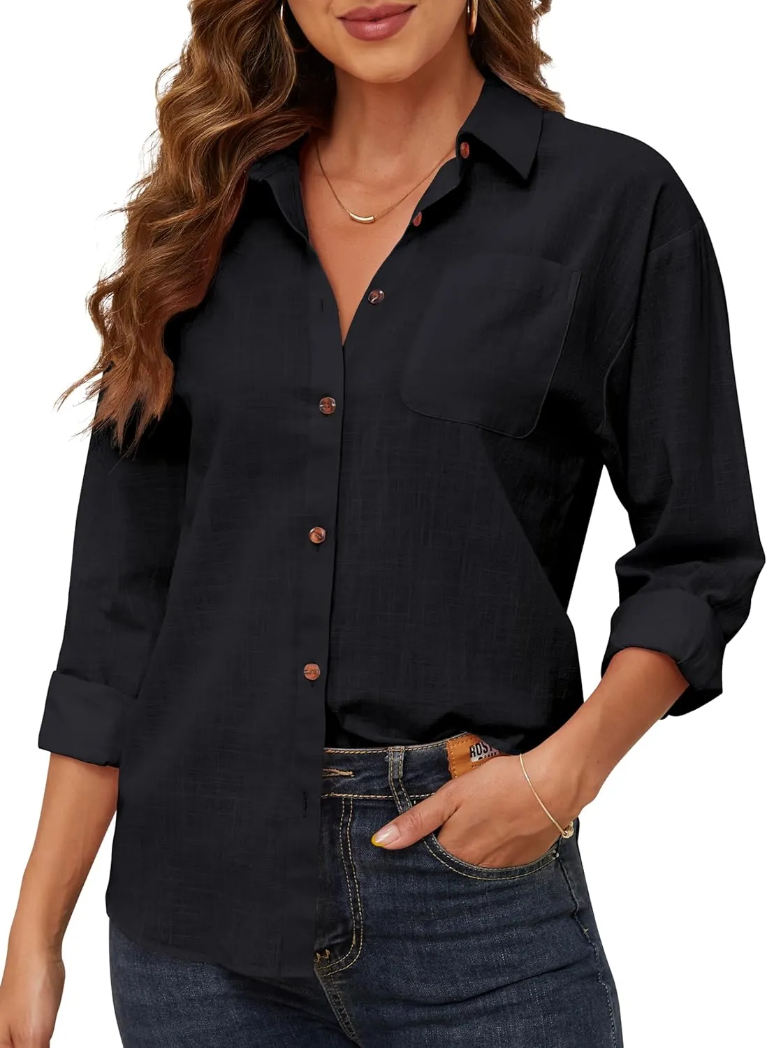 CUNLIN Women's Button Down Shirts Long Sleeve Cotton Summer Beach Wear for Women with Pocket