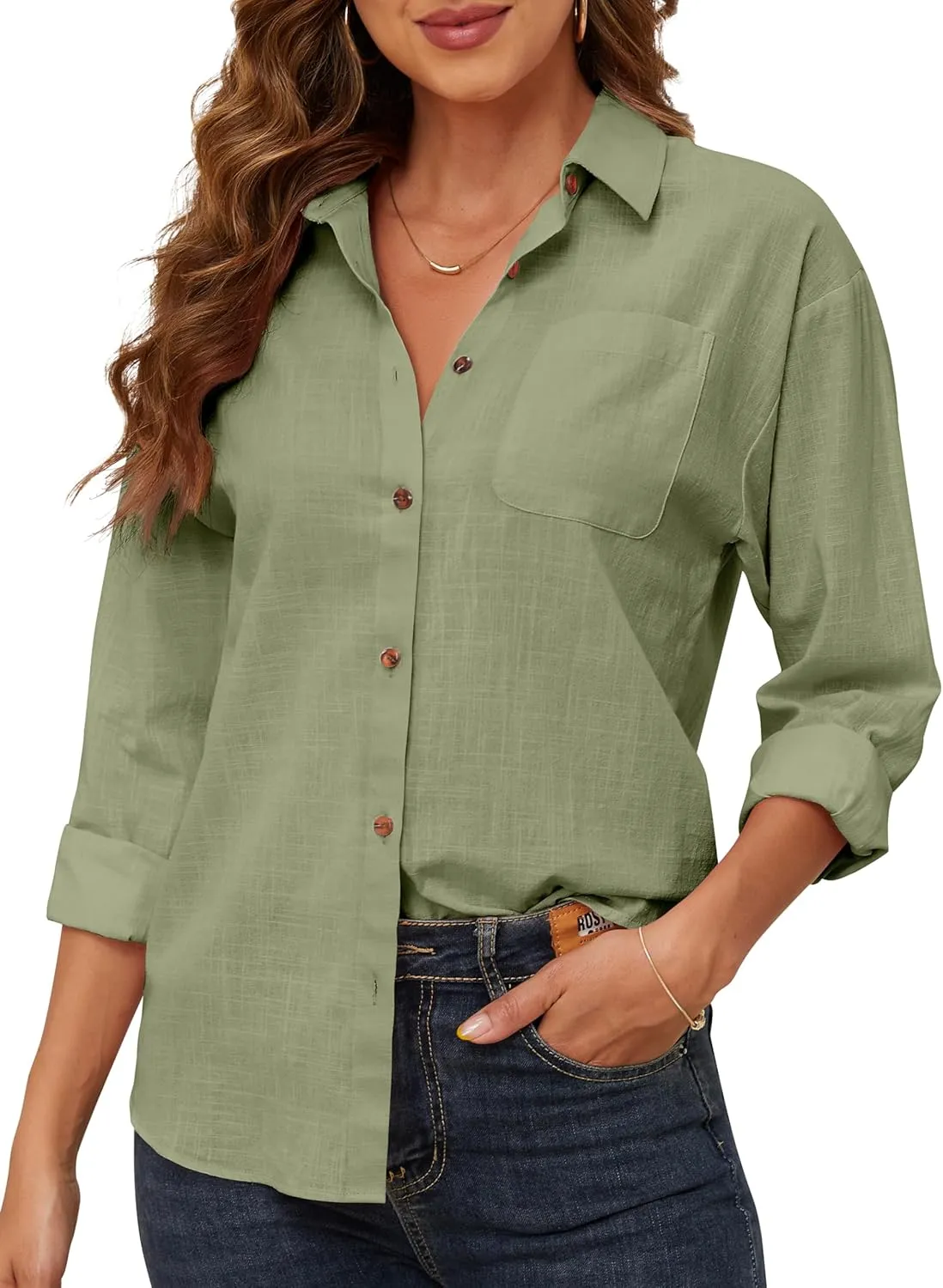 CUNLIN Women's Button Down Shirts Long Sleeve Cotton Summer Beach Wear for Women with Pocket