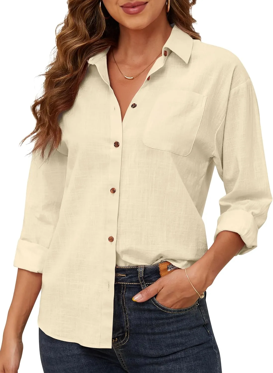 CUNLIN Women's Button Down Shirts Long Sleeve Cotton Summer Beach Wear for Women with Pocket