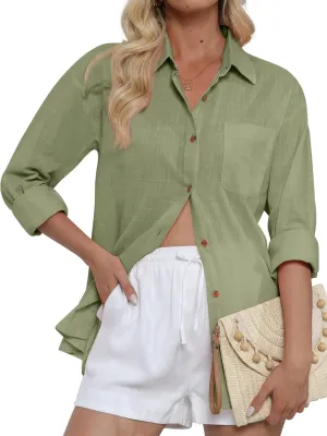 CUNLIN Women's Button Down Shirts Long Sleeve Cotton Summer Beach Wear for Women with Pocket