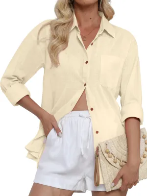 CUNLIN Women's Button Down Shirts Long Sleeve Cotton Summer Beach Wear for Women with Pocket