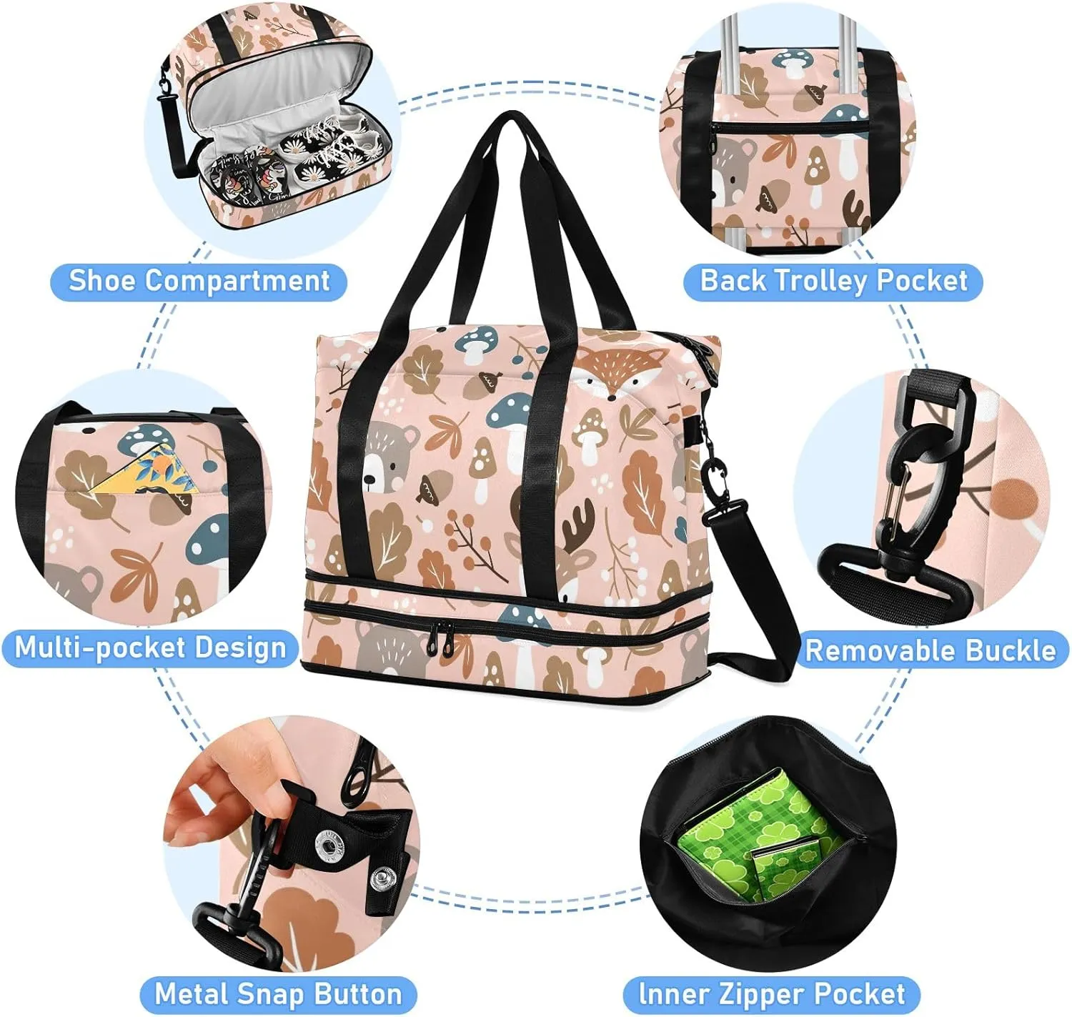 Cute Woodland Animals Brown over Night Women Bags Waterproof Gym Bag Women, Carry on Garment Duffel Bag