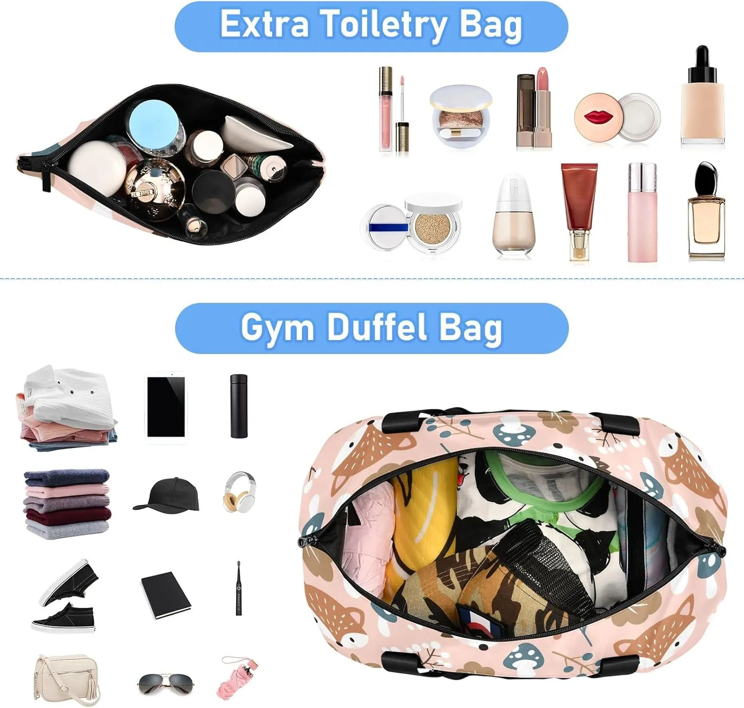Cute Woodland Animals Brown over Night Women Bags Waterproof Gym Bag Women, Carry on Garment Duffel Bag
