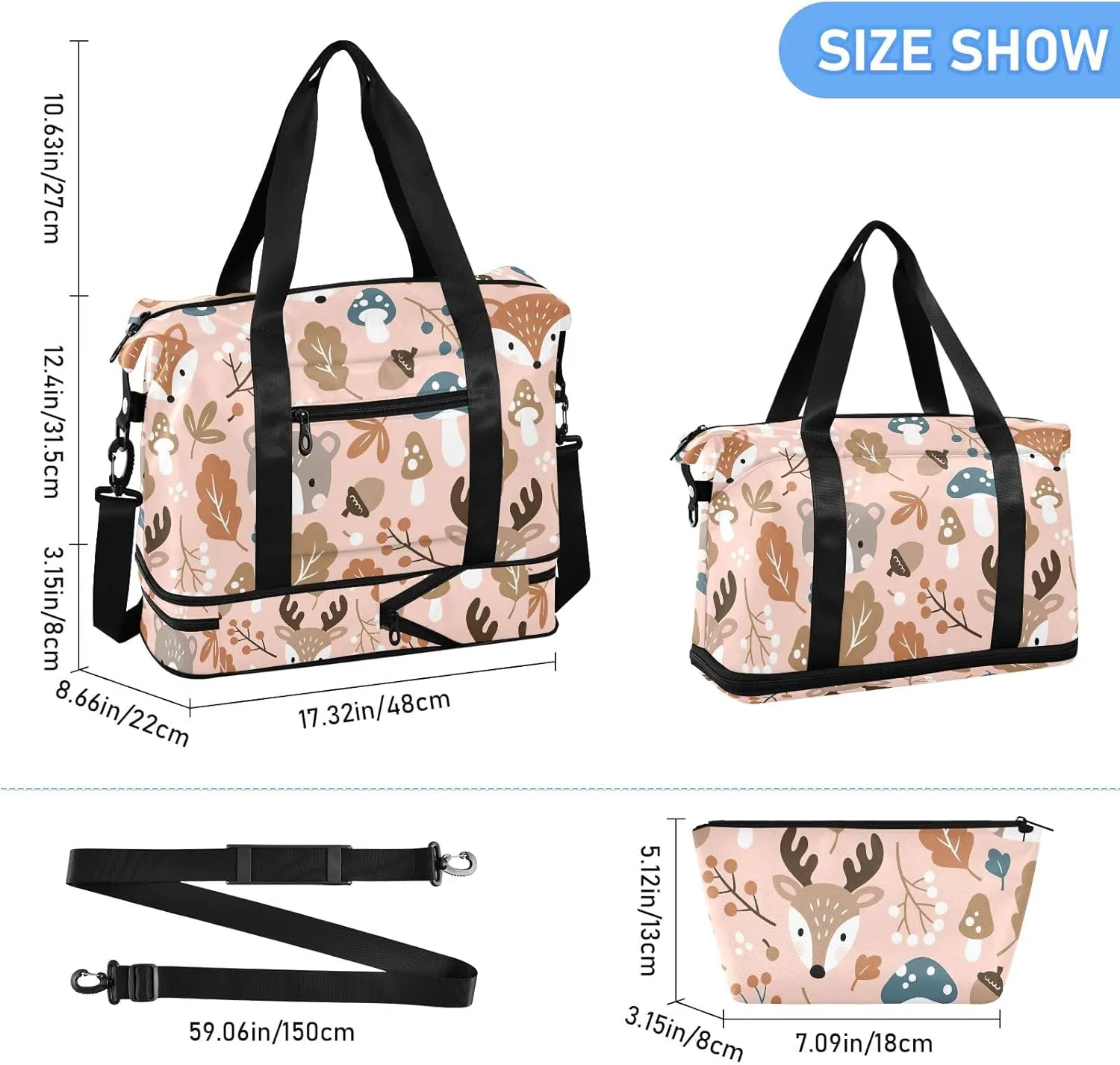 Cute Woodland Animals Brown over Night Women Bags Waterproof Gym Bag Women, Carry on Garment Duffel Bag